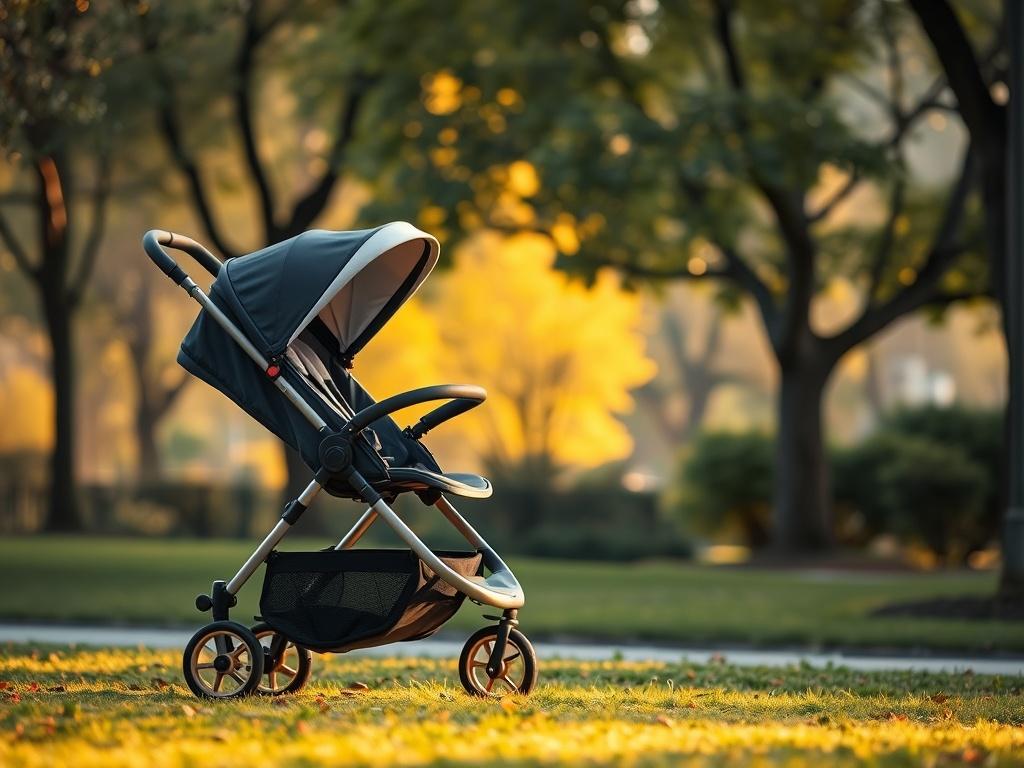 A realistic high-resolution photo of a Versatile Stroller in a serene park setting. The stroller should be the only subject in the image, showcasing its sleek design and adjustable canopy. The background should feature soft golden hues and soft lighting, creating a cozy atmosphere. The focus should be on the stroller, emphasizing its lightweight frame and storage basket.