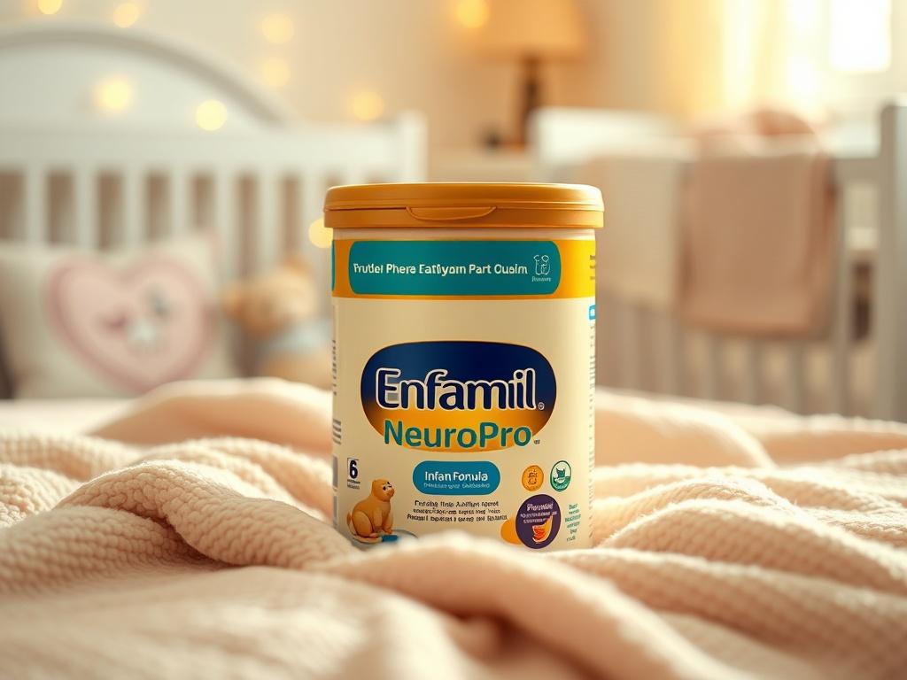 A realistic high-resolution image of Enfamil NeuroPro Infant Formula canister placed on a soft, pastel-colored blanket. The canister should be the only subject in the composition, clearly showcasing its label. Soft, golden hues and serene lighting should create a cozy atmosphere, emphasizing warmth and safety, with a blurred background of a gently lit nursery.