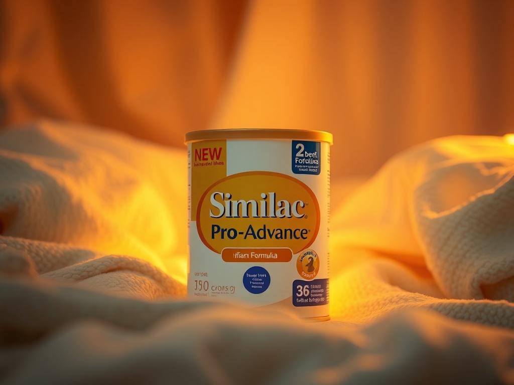 A realistic high-resolution photo of a can of Similac Pro-Advance infant formula set against a cozy, softly lit background. The image should feature the can prominently in the center, showcasing its packaging design, with a warm golden hue illuminating the scene. Soft textures and serene atmosphere should enhance the appeal of the product, creating a nurturing environment that resonates with parents.
