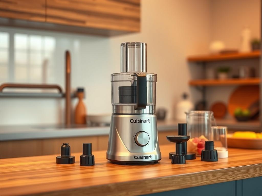 A realistic high-resolution image of a Cuisinart food processor on a wooden kitchen countertop. The food processor should be the only subject, showcasing its sleek design and various attachments. The background should feature soft lighting with cozy golden hues, enhancing the serene atmosphere of a modern kitchen.