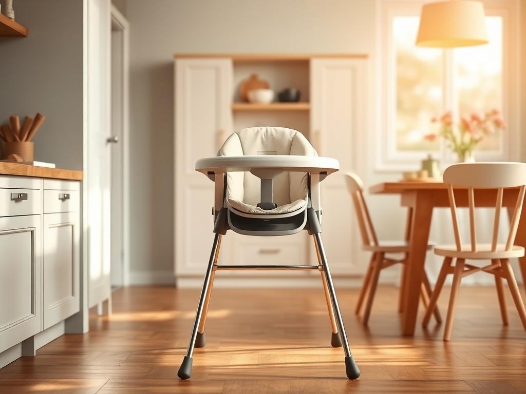 A cozy and inviting baby high chair positioned in a softly lit kitchen setting. The high chair should be the focal point with a warm, golden hue surrounding it. The background should include elements like a wooden dining table and soft, natural light filtering through a window, creating a serene atmosphere. Ensure there are no other subjects or distractions in the image.