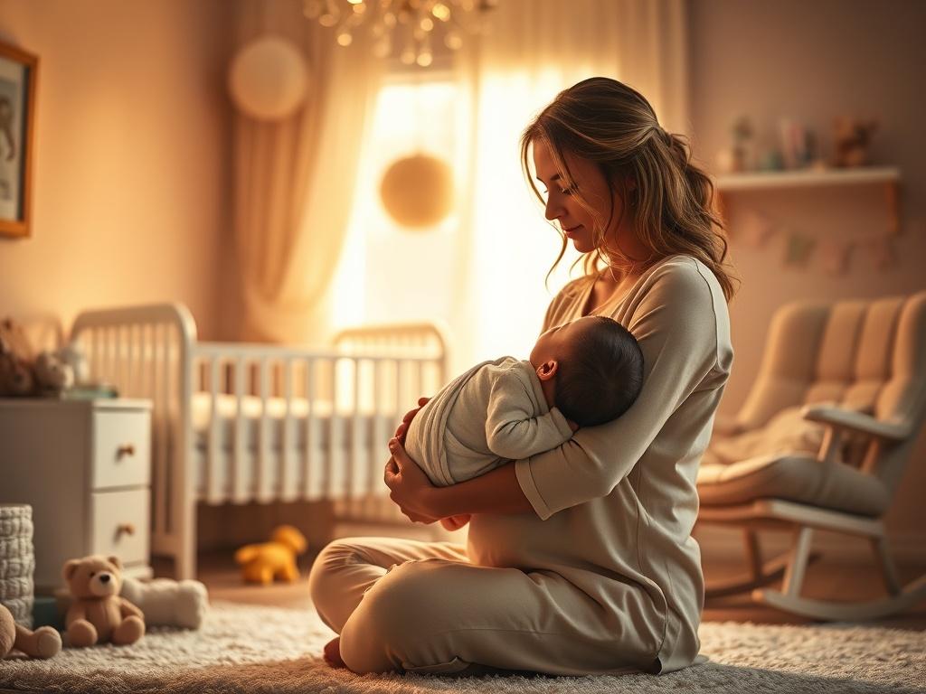 A serene, cozy scene featuring a mother gently cradling her newborn in a softly lit nursery. The background includes pastel-colored baby furniture, such as a crib and a rocking chair, with plush toys scattered around. The warm golden hues create an inviting atmosphere, emphasizing the love and care in the room. The overall composition should evoke feelings of warmth and comfort, suitable for a baby and maternity store.