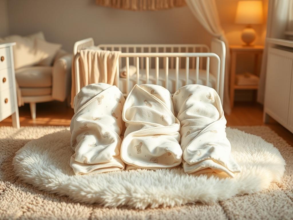 Three beautifully designed muslin swaddles laid out on a soft plush rug in a serene nursery. The swaddles display charming prints in calming colors, enhanced by warm lighting that creates a peaceful atmosphere.