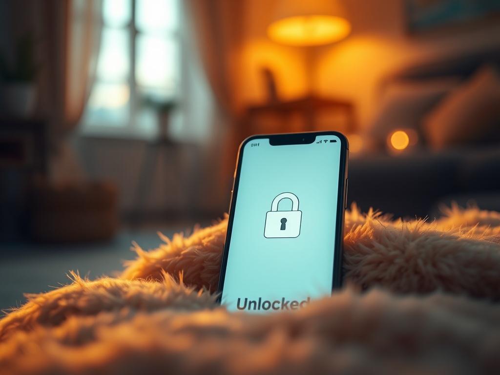 A cozy, golden-hued scene featuring a smartphone on a soft, plush surface, with a serene background of a softly lit room. The phone displays an 'Unlocked' symbol on the screen, emphasizing its freedom. The lighting should be warm and inviting, creating a tranquil atmosphere.