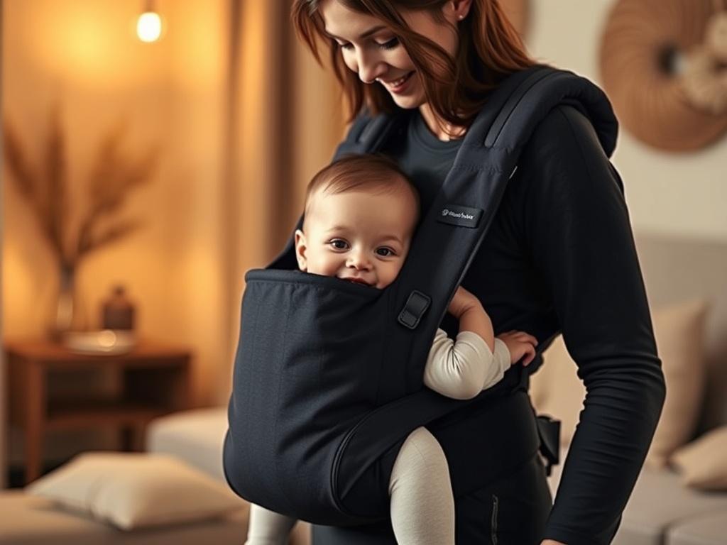 A realistic high-resolution photo of a parent wearing a soft, ergonomic baby carrier with a happy baby securely nestled inside. The background features a serene, cozy room with soft golden hues and warm lighting, creating a peaceful atmosphere. The focus is solely on the parent and baby, showcasing the carrier's design and comfort.