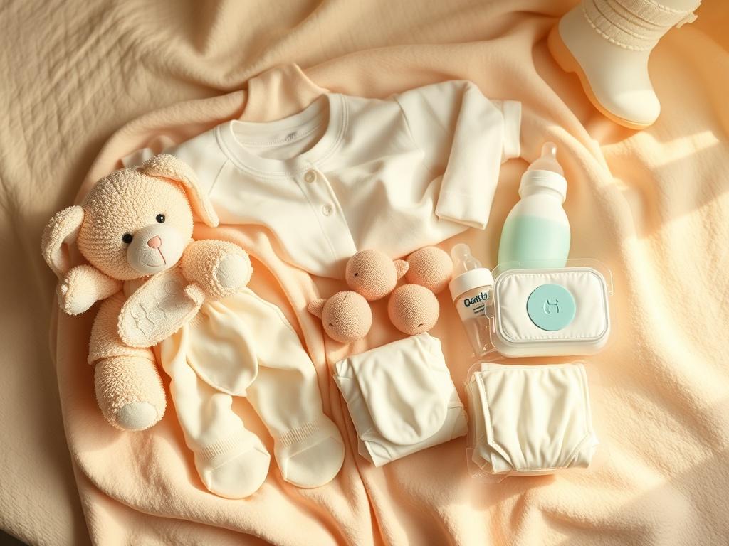 A cozy, high-resolution photo of a neatly arranged selection of baby products including soft baby clothing, a plush toy, feeding bottles, and diapers, all displayed on a gentle pastel-colored blanket. The setting should have soft, warm golden lighting to create a serene atmosphere, showcasing a nurturing environment for babies.