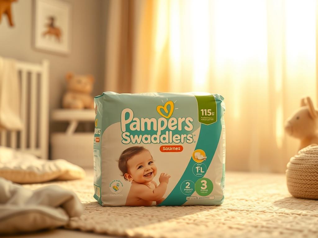 A realistic high-resolution photo of Pampers Swaddlers diapers, focusing on a single pack of diapers. The pack should be displayed in a cozy nursery setting, with soft lighting and golden hues to create a serene atmosphere. The background should be minimalistic to keep the focus on the Pampers Swaddlers pack, showcasing its features like the wetness indicator. Avoid any text or abstract shapes in the image.