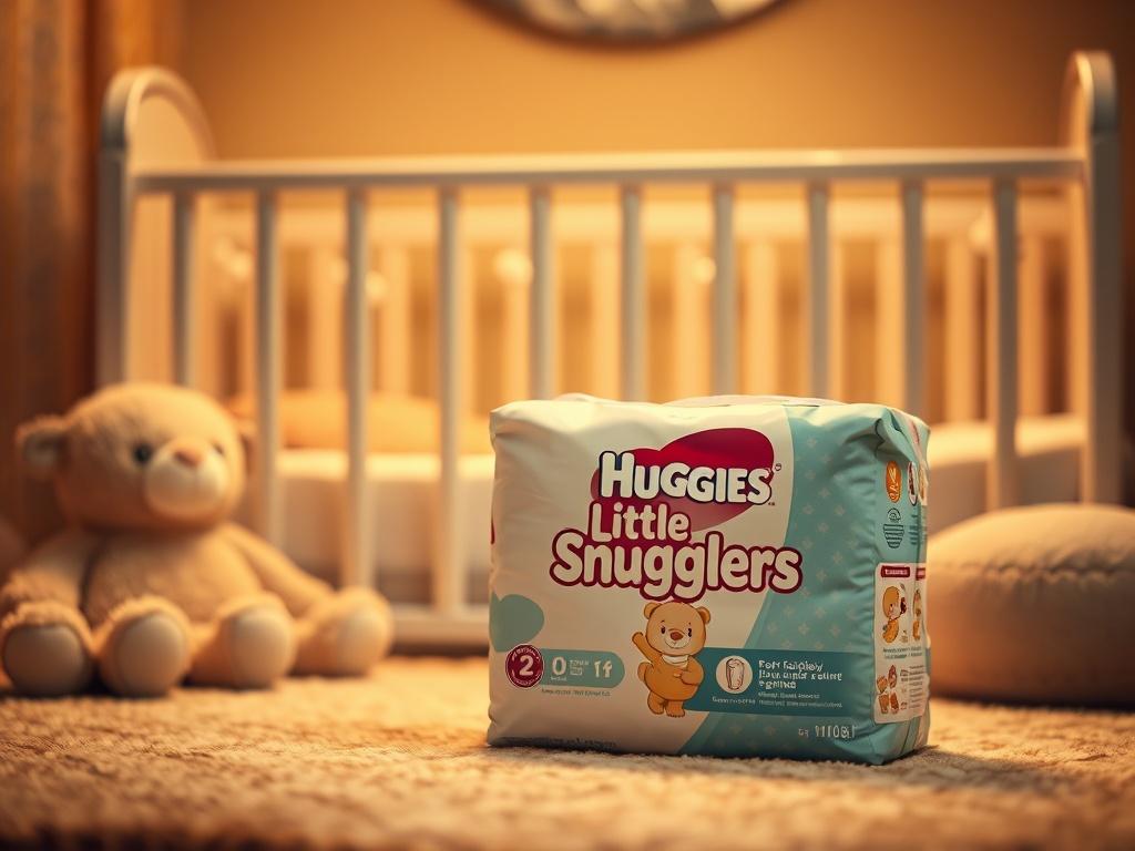 A realistic high-resolution photo of Huggies Little Snugglers diapers displayed in a cozy, golden-hued nursery setting. The focus is on a single pack of diapers with soft lighting creating a serene atmosphere. The background features plush toys and a softly lit crib, emphasizing warmth and care. The diapers should be clearly visible and presented in a way that highlights their gentle and protective qualities.