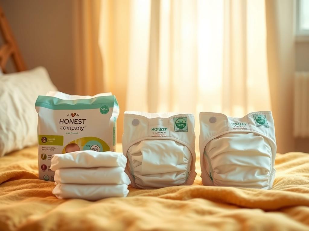 A realistic high-resolution photo of Honest Company Diapers displayed in a cozy setting. The diapers should be neatly arranged on a soft, golden-hued surface with gentle lighting that creates a serene atmosphere. The focus should be solely on the diapers, showcasing their eco-friendly packaging and soft texture, with a blurred background that enhances the calming effect.