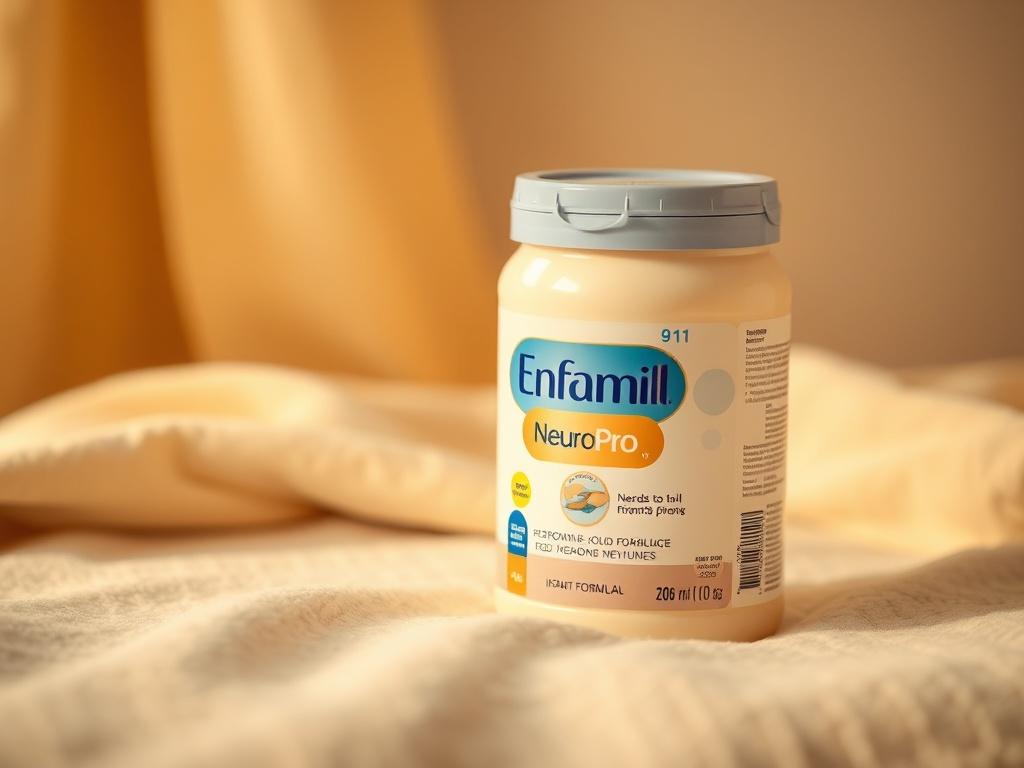 A realistic high-resolution photo of Enfamil NeuroPro Infant Formula. The image should feature the product prominently in a cozy, golden-hued setting with soft lighting. The formula container should be the only subject in the image, placed on a gentle, textured surface that evokes a serene atmosphere. The background should be soft and blurred, emphasizing the product and creating a warm, inviting mood.