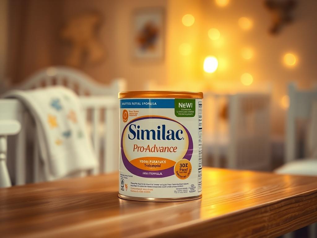 A high-resolution image of a can of Similac Pro-Advance infant formula in a cozy, softly lit environment. The can should be the central focus, placed on a wooden table with a soft, golden hue. In the background, include a gentle blur of a nursery setting, with warm lighting to evoke a serene atmosphere. The product should be clearly visible, with no text or abstract shapes in the image.