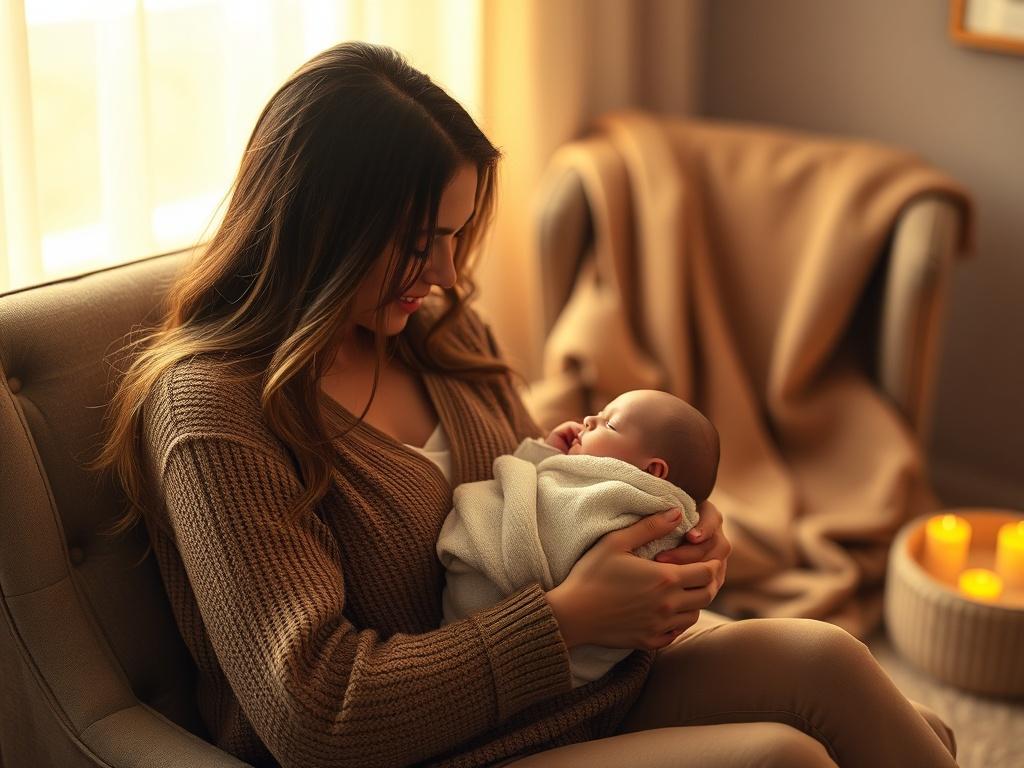 A serene and cozy image featuring a mother cradling her newborn baby in a softly lit room. The atmosphere should exude warmth and comfort, with soft golden hues illuminating the scene. A plush armchair and a cozy blanket should be in the background, enhancing the nurturing vibe. The focus should be on the affectionate bond between the mother and baby, capturing a tender moment of love and care.