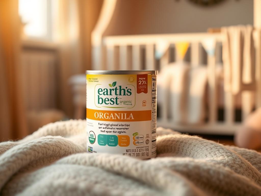 A serene, cozy setting featuring a can of Earth’s Best Organic Infant Formula prominently displayed. The formula can is white with green and orange accents, positioned on a soft, textured blanket. Soft golden lighting creates a warm atmosphere, highlighting the can while a gentle, blurred background of a nursery with pastel colors adds to the serene vibe.
