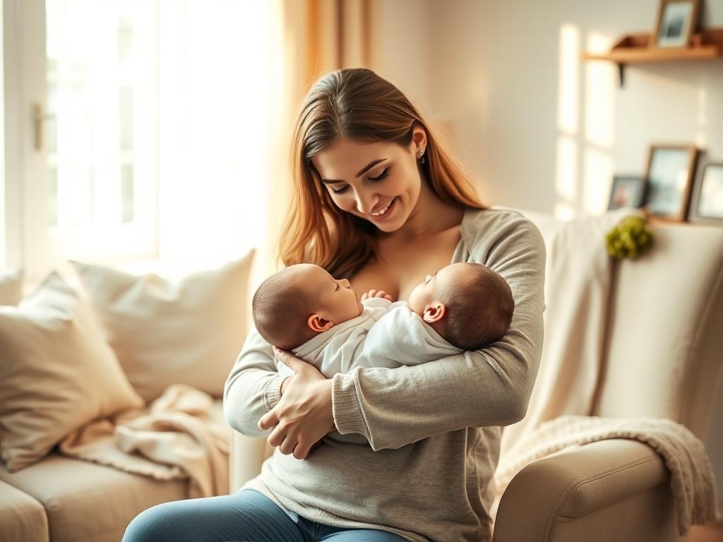 Create a realistic high-resolution image that embodies the theme "Essential Parenting Tips for New Moms." The composition should focus on a single subject: a new mother gently cradling her newborn in her arms. The mother should have a warm and nurturing expression, exuding love and tenderness as she gazes down at her baby, highlighting the deep bond between them. 

For the background, choose a cozy, serene setting that enhances the comforting atmosphere—perhaps a softly lit living room with plush cushions a