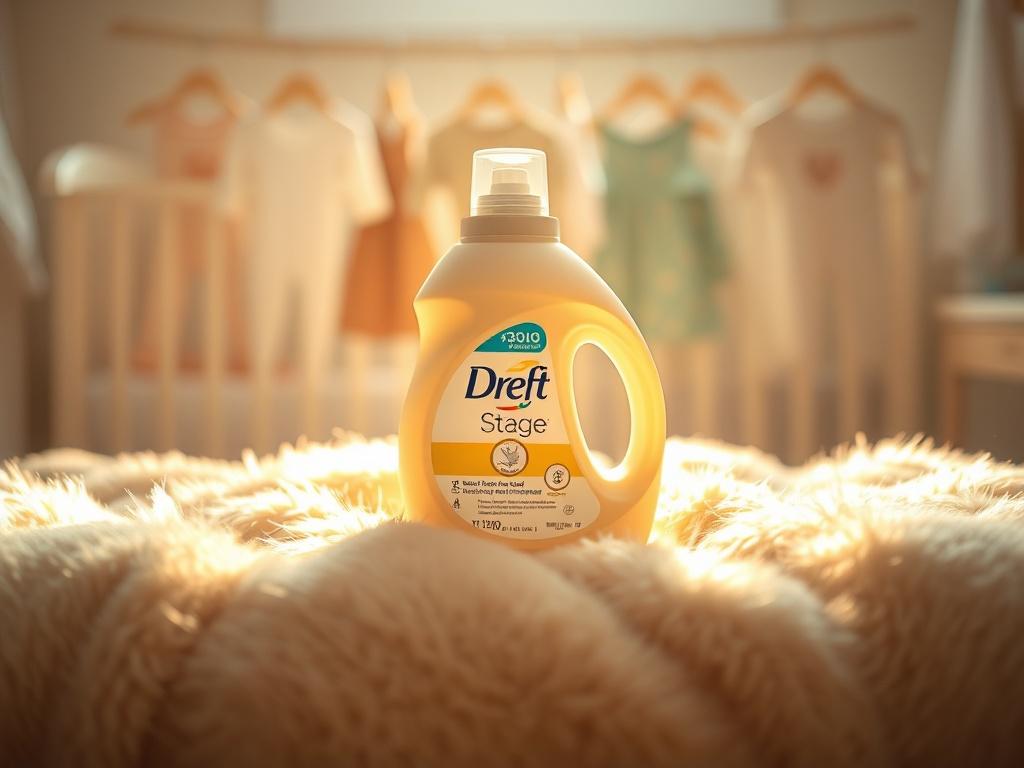 A high-resolution image showcasing a bottle of Dreft Stage laundry detergent on a soft, cozy surface. The bottle should be centered, with a warm, golden hue surrounding it. Soft lighting enhances the serene atmosphere, highlighting the gentle and caring nature of the product. In the background, a blurred nursery scene with baby clothes hanging on a line adds context, creating an inviting and nurturing environment.