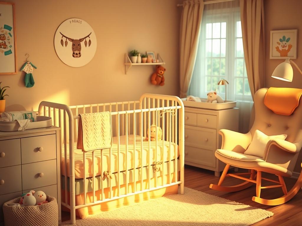 A cozy, inviting scene featuring a beautifully arranged nursery with soft lighting. The focus is on a crib adorned with gentle pastel colors and plush toys. In the background, a changing table filled with baby essentials like diapers and wipes, and a comfortable rocking chair. The ambiance is warm and serene, capturing the essence of a nurturing environment for both babies and mothers.