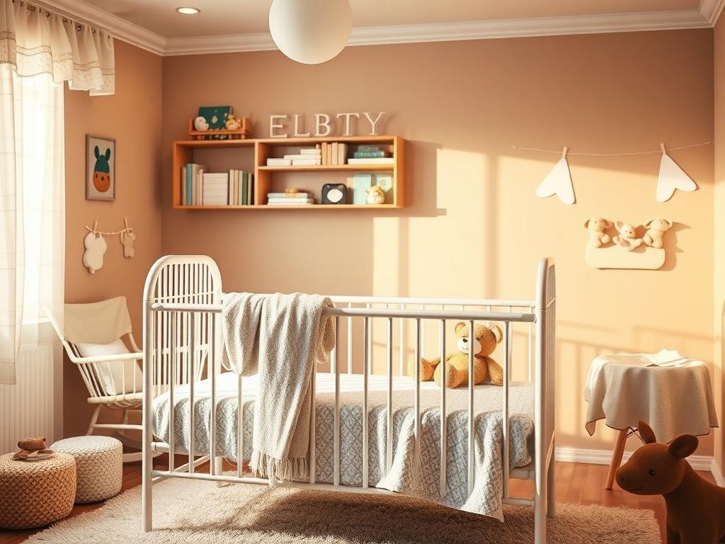 A serene image of a cozy nursery featuring a beautifully arranged crib with soft blankets and plush toys. The room is bathed in warm golden hues, with gentle lighting creating a peaceful atmosphere. The background showcases a rocking chair and a shelf filled with neatly arranged baby books and accessories, emphasizing comfort and warmth.
