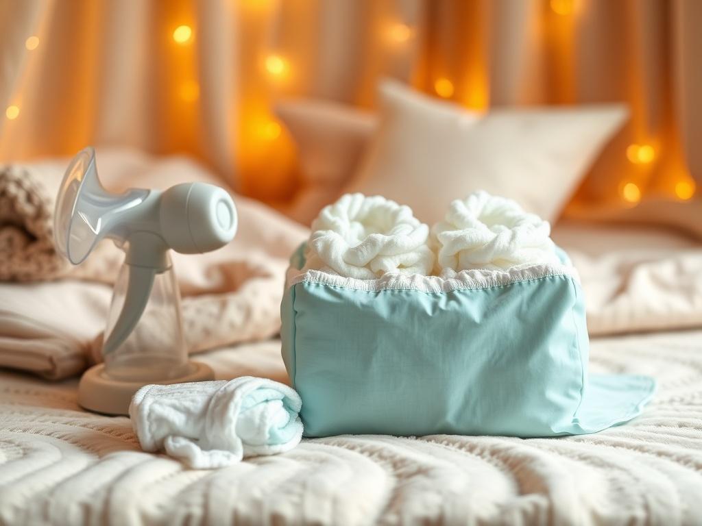 A realistic high-resolution photo of a pack of soft, fluffy diapers and a sleek breast pump, arranged neatly on a cozy, soft-colored nursery backdrop. The scene is warmly lit with golden hues, creating a serene and inviting atmosphere. The focus is on the products, showcasing their features clearly, with no distractions in the background.