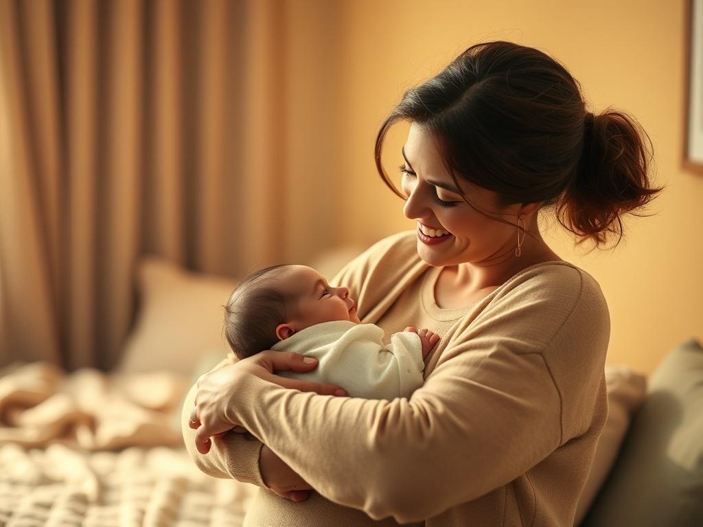 A serene, cozy setting featuring a mother cradling her newborn in a soft, golden-hued room. The warm lighting highlights their joyful expressions, capturing a moment of love and connection. The background is softly blurred, emphasizing the intimate bond between mother and baby.
