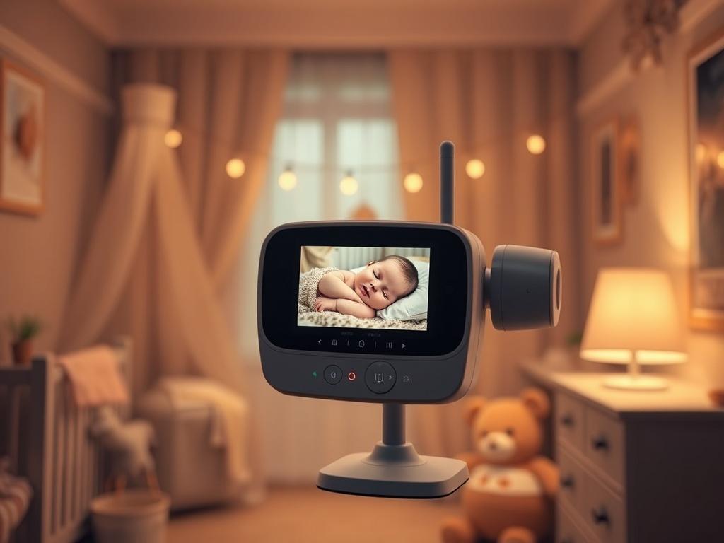 A realistic high-resolution image of a baby monitor displaying a video feed of a sleeping baby in a cozy nursery, with soft lighting and a warm atmosphere.