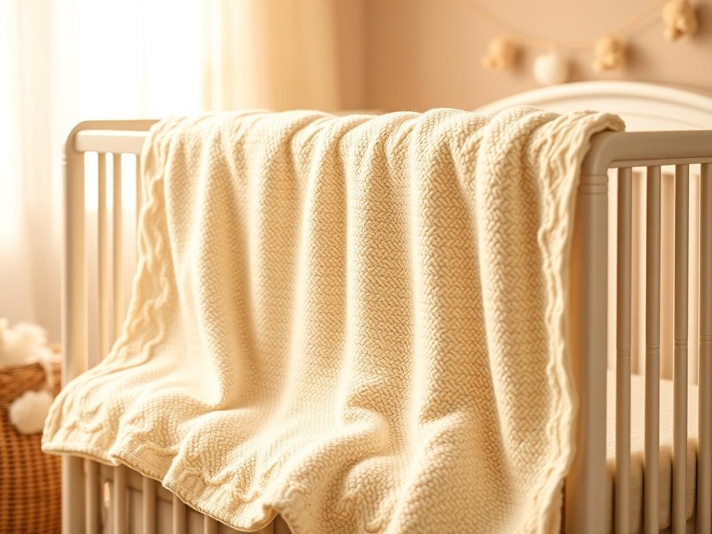 A realistic high-resolution image of a soft baby blanket draped over a crib, in a serene nursery setting with soft golden hues and gentle lighting, showcasing the blanket's texture and inviting colors.