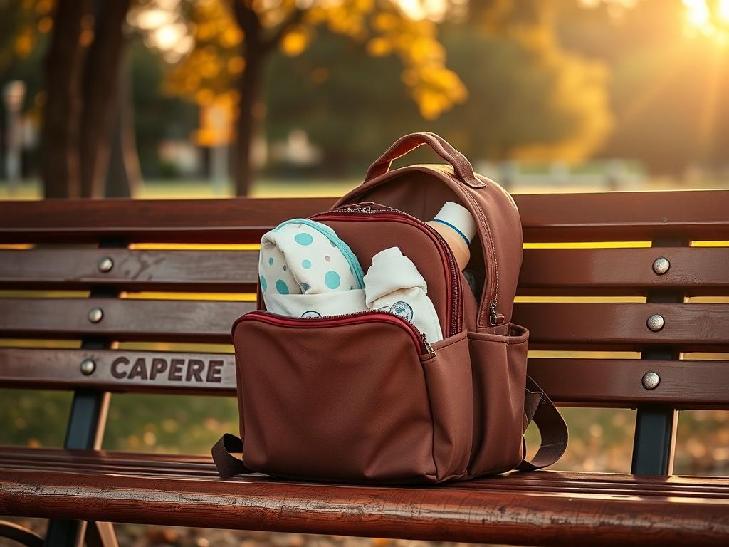 A realistic high-resolution image of a stylish diaper bag backpack placed on a park bench, filled with baby essentials, set against a serene outdoor background with sunny golden lighting.