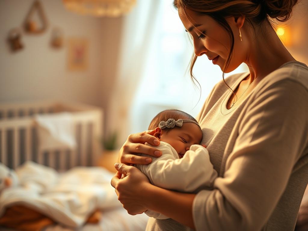 A cozy, high-resolution photo of a mother gently cradling her newborn in a soft, serene environment. The lighting is warm and golden, creating a peaceful atmosphere. The background features a softly blurred nursery with pastel colors, emphasizing warmth and comfort.