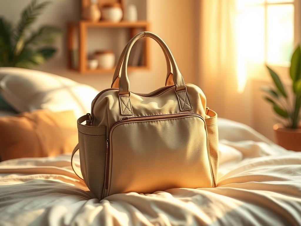 A realistic high-resolution image of an eco-friendly diaper bag, elegantly displayed on a soft, light-colored surface. The background includes gentle, golden lighting and a serene atmosphere, showcasing its stylish design.