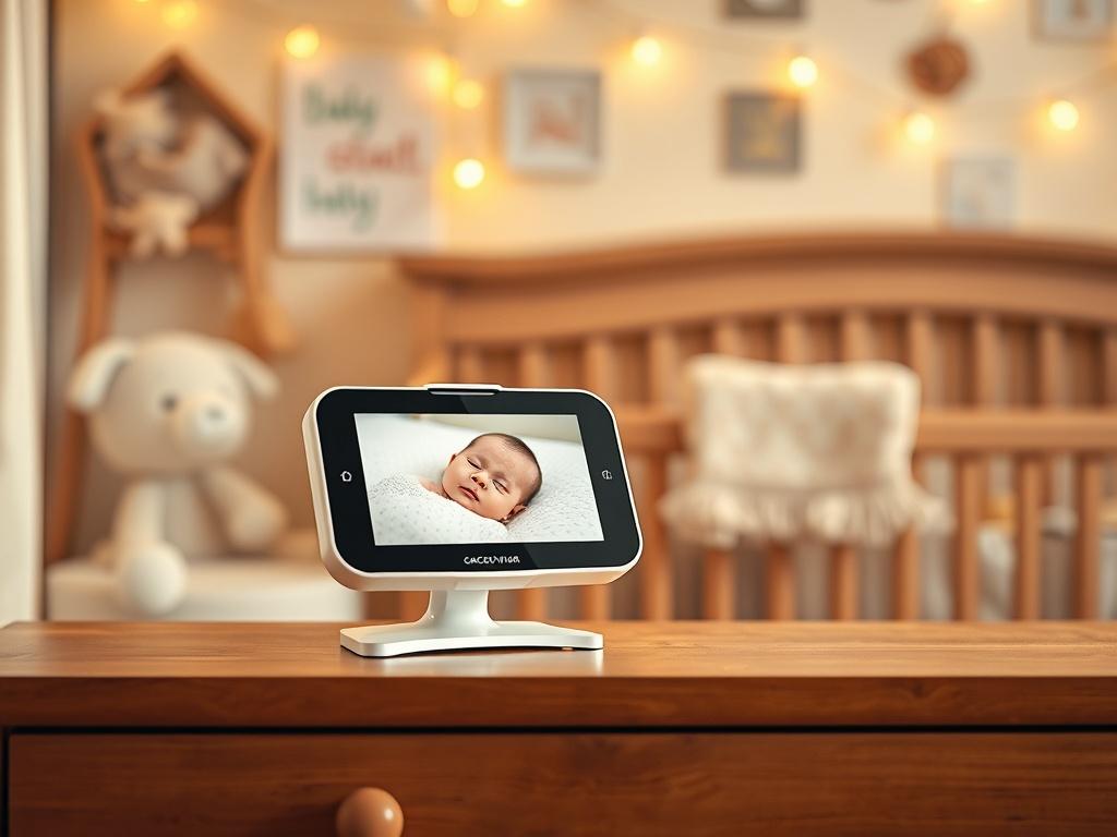 A cozy nursery setting with a high-quality baby monitor prominently displayed on a wooden dresser. The monitor screen shows a peaceful sleeping baby in a crib, surrounded by soft, golden hues and warm ambient lighting. The background features gentle decorations like pastel-colored wall art and plush toys, creating a serene atmosphere that emphasizes safety and comfort.