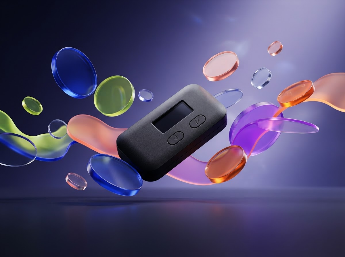 A small hardware wallet among vivid, floating abstract shapes