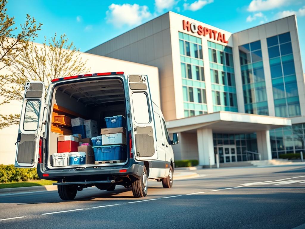 A realistic high-resolution photo of a cargo van unloading in front of a hospital. The scene shows the cargo van parked on the street with its back doors open, revealing various medical supplies being unloaded. In the background, the hospital building is clearly visible, showcasing a modern architecture with large windows and a clear blue sky overhead. The focus is on the cargo van and the unloading process, capturing the urgency and importance of timely deliveries to healthcare facilities.