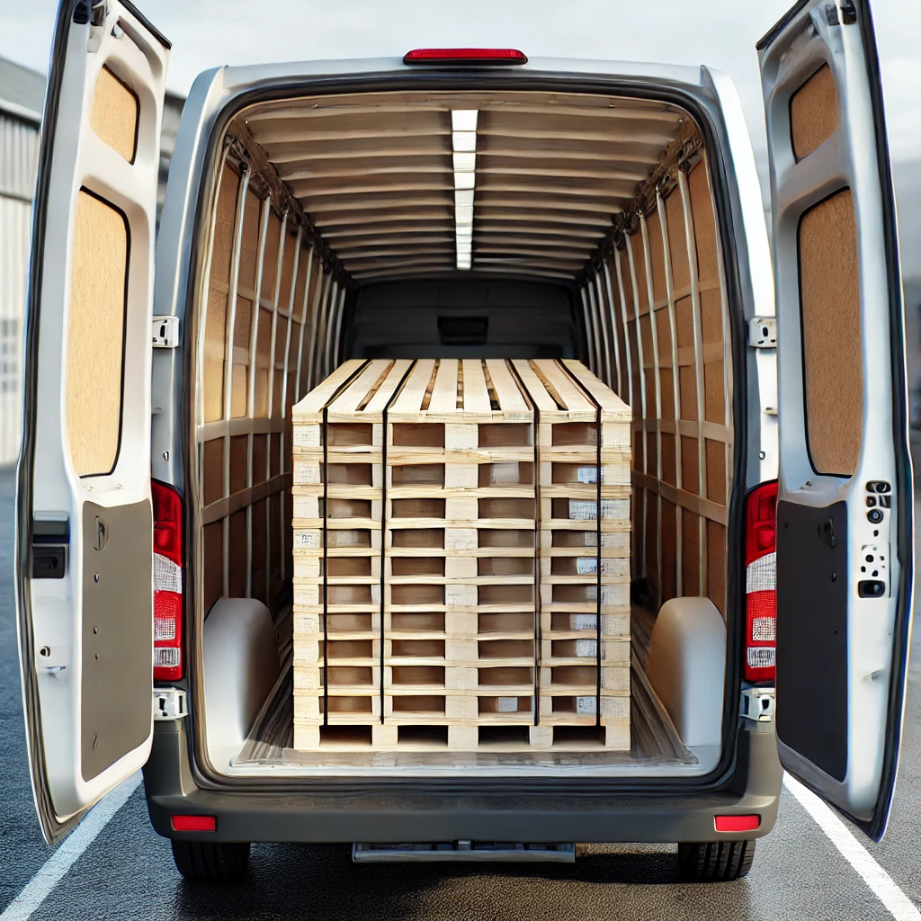 dall·e 2024-09-07 11.04.02 - a realistic image showing the back of a van loaded with only one skid of freight. the van's back doors are open, revealing the single skid carefully a.webp