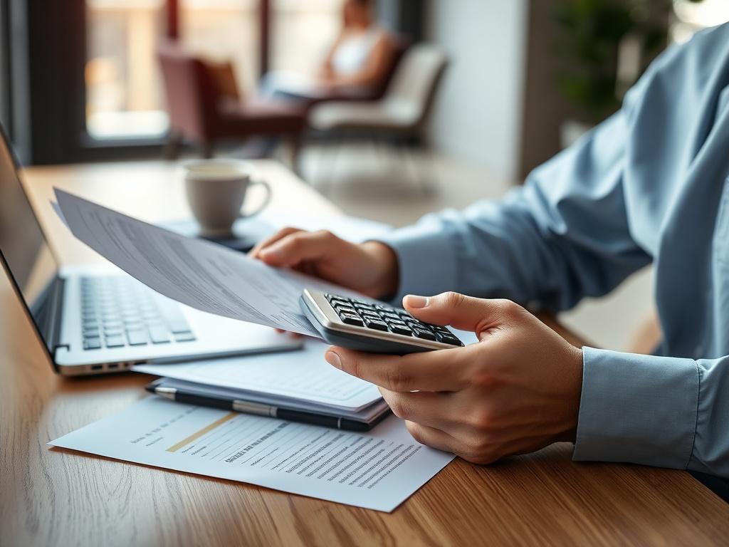 A professional accountant analyzing financial documents with a calculator in