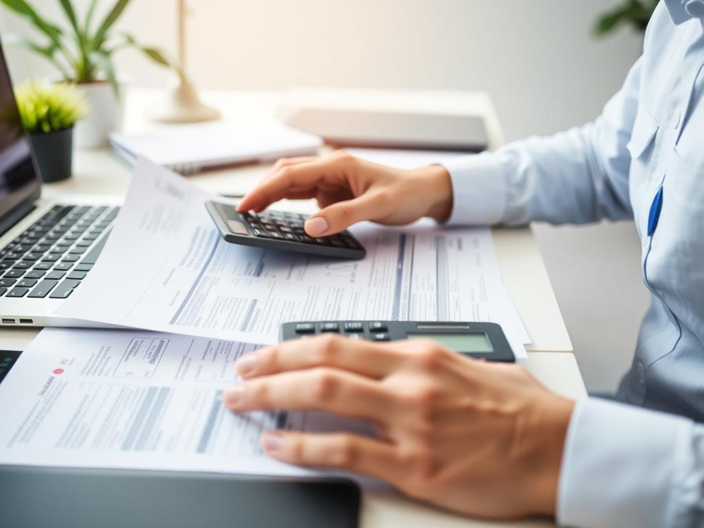 A close-up shot of a professional accountant reviewing tax documents with a calculator and a laptop in a modern office setting. The background features a clean desk with office supplies and a subtle hint of greenery, creating a calm and organized atmosphere. The image should focus on the accountant's hands working on an accounting task, with a light and inviting ambiance, ensuring clarity and simplicity.