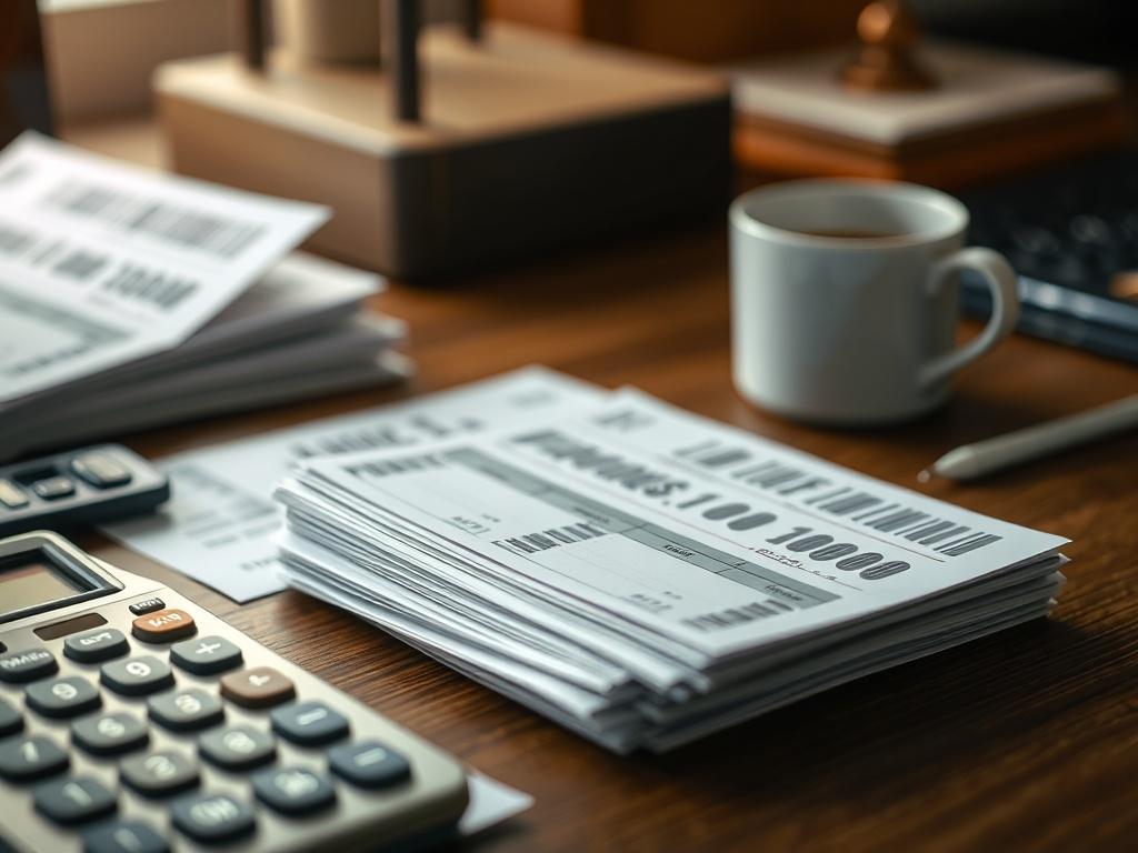 A close-up shot of a well-organized desk with neatly arranged bills and receipts. The focus is on a stack of bills with clear labels, a calculator beside them, and a cup of coffee in the background. The lighting is warm and inviting, emphasizing a productive workspace. The color scheme should complement rgb(140, 1, 131), with soft tones that create a professional atmosphere.