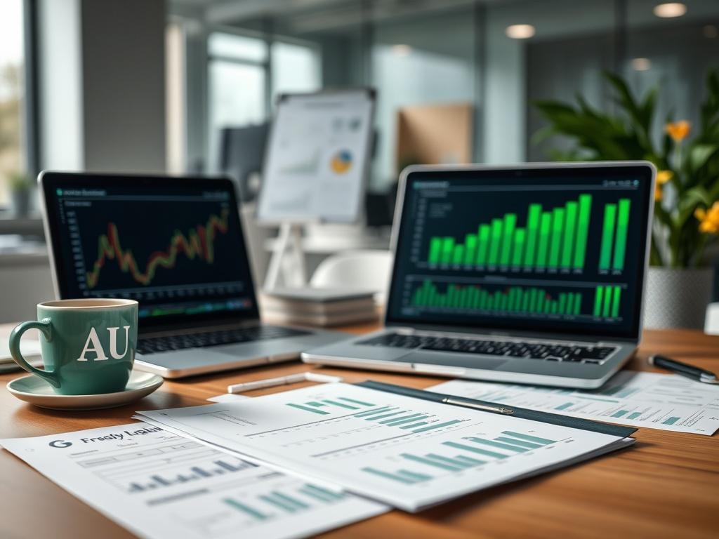A modern office desk featuring accounting documents, a laptop displaying financial graphs, and a cup of coffee. The background should be a clean and professional office environment with good lighting, emphasizing a sense of organization and focus. The color scheme should incorporate shades of green, specifically rgb(50, 170, 39), to reflect the brand's identity.