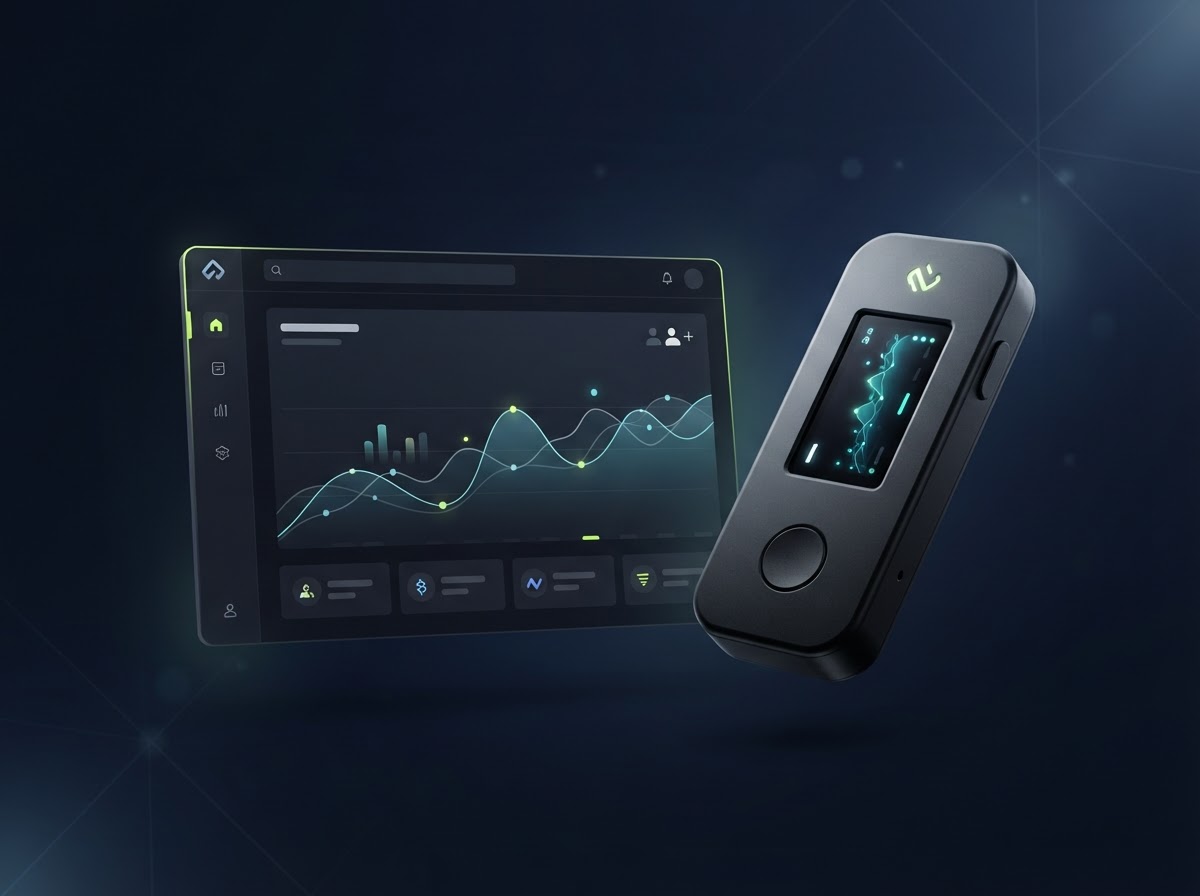 Hardware wallet alongside a crypto portfolio app interface