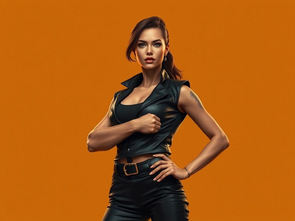 A powerful woman, exuding confidence and strength, standing tall with