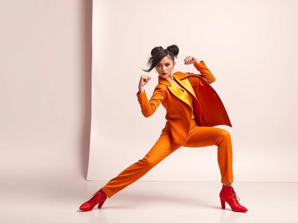 A dynamic scene featuring a confident woman in a bold