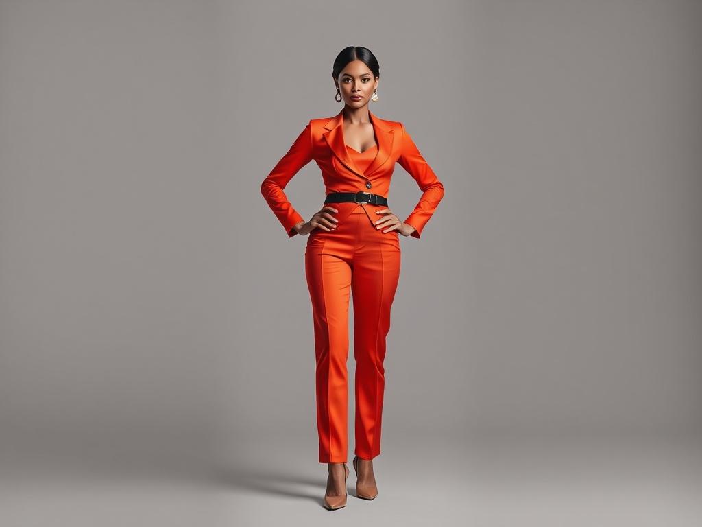 Create a photorealistic image of a powerful woman standing confidently
