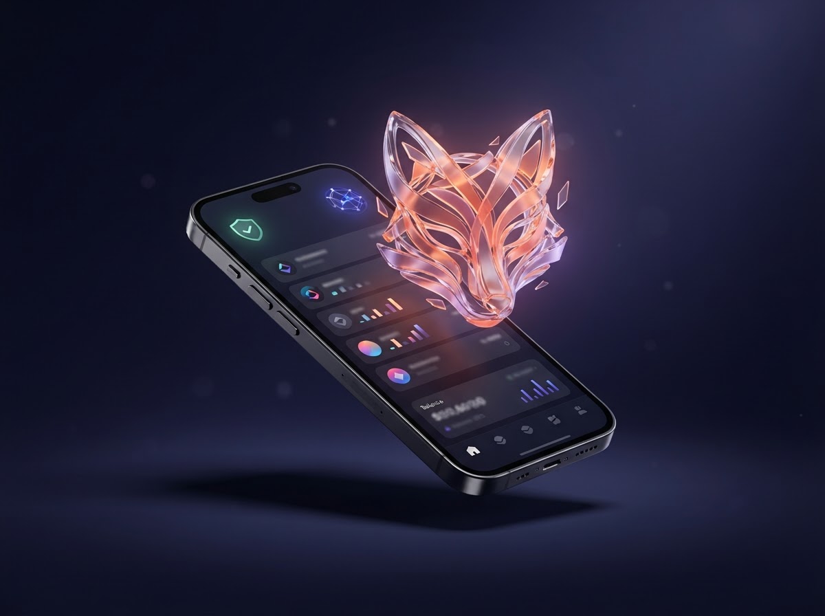 A dark mobile wallet interface surrounded by a glowing fox-inspired emblem