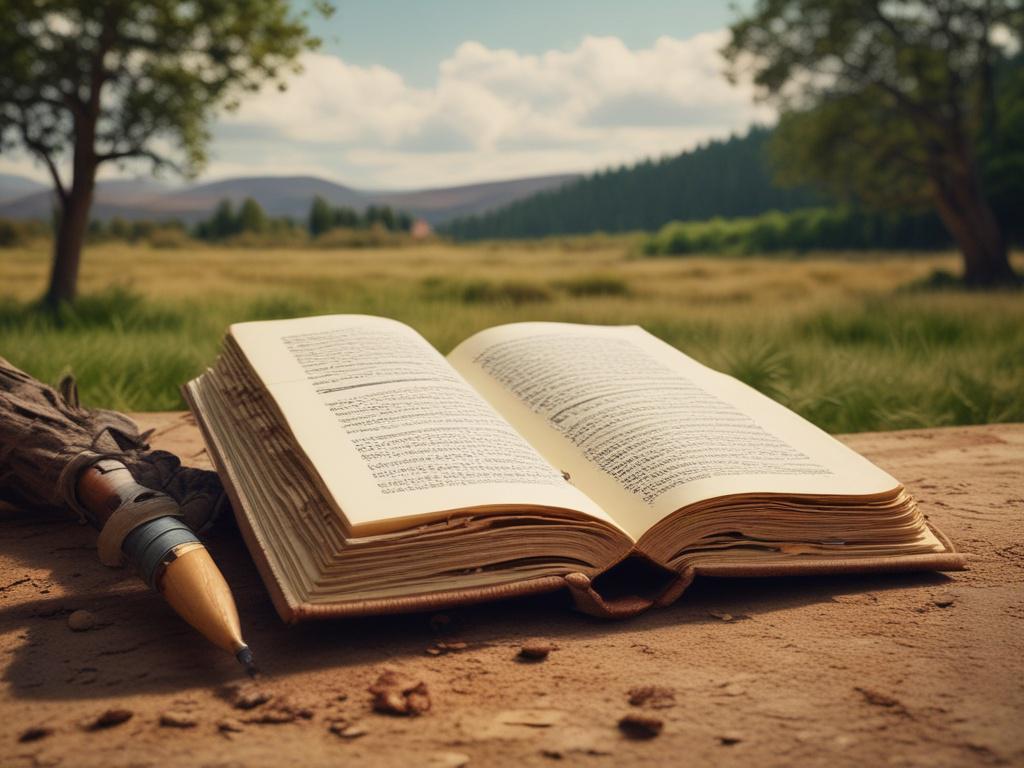 an open book with pages turning in a natural setting,