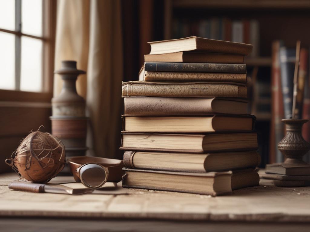 a stack of books in natural tones, earthy textures, surrounded