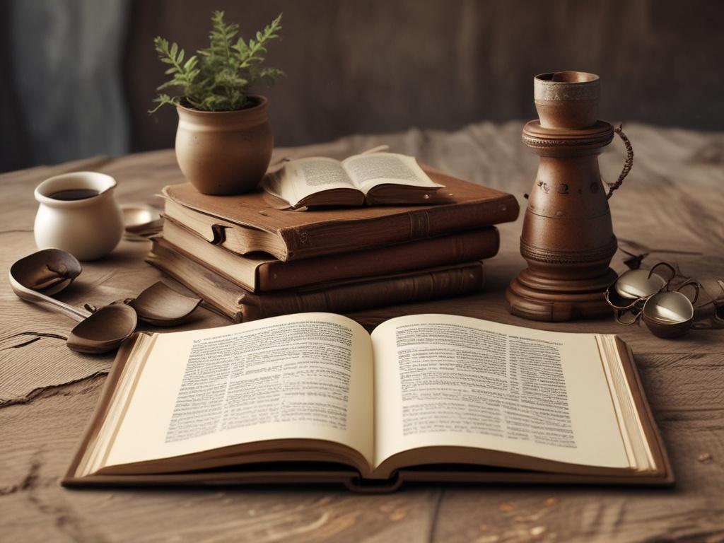 Create a realistic high-resolution image that embodies the theme "Investera i Kunskap." The composition should be simple and clear, featuring a single subject: an open book lying on a rustic wooden table. The book's pages should be slightly turned, revealing illustrations and diagrams that symbolize various fields of knowledge, such as science, philosophy, and technology. 

In the background, use a softly blurred natural setting that includes earthy textures like plants or stones, to enhance the grounded an