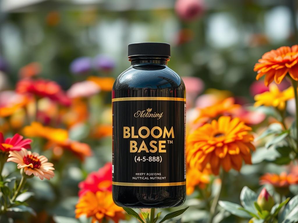 A realistic high-resolution close-up shot of a sleek black bottle labeled 'Bloom Base™ (4-57-88)' with a chrome-gold label. The bottle is centered against a softly blurred garden background filled with vibrant flowers, showcasing the nutrient's purpose. The focus is on the bottle, capturing its details and the smooth surface, with natural light illuminating the scene, emphasizing the luxurious feel of the product.