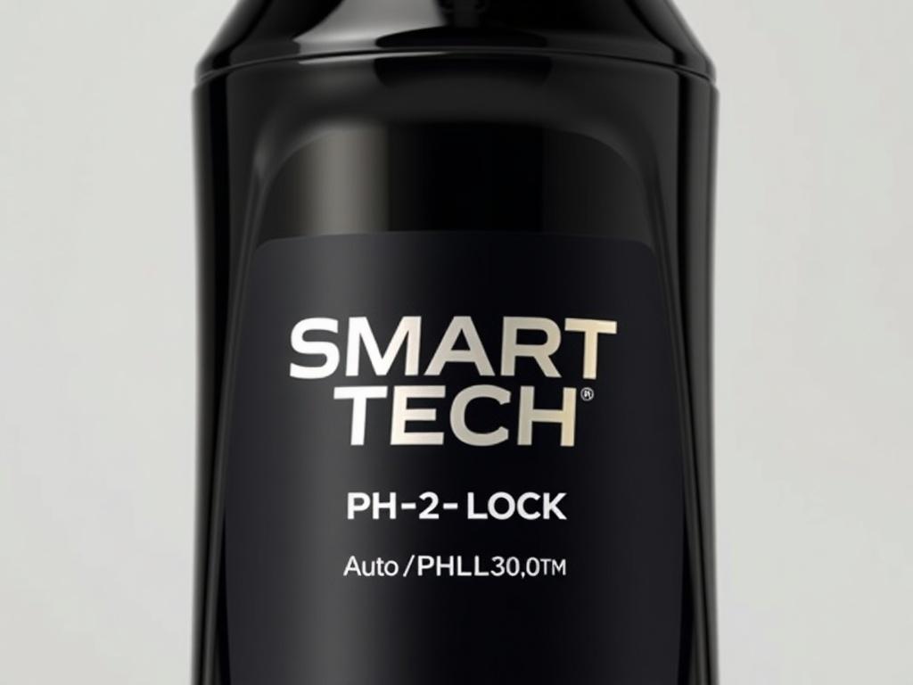 A close-up shot of a sleek, modern 8 oz bottle of Smart Tech Auto pH-Lock™, prominently displayed against a neutral background. The bottle features a shiny black finish with chrome-gold accents. The label showcases the product name in bold typography, emphasizing its advanced technology. The composition is simple and clear, focusing solely on the bottle, with soft lighting highlighting its contours and giving it a premium look.