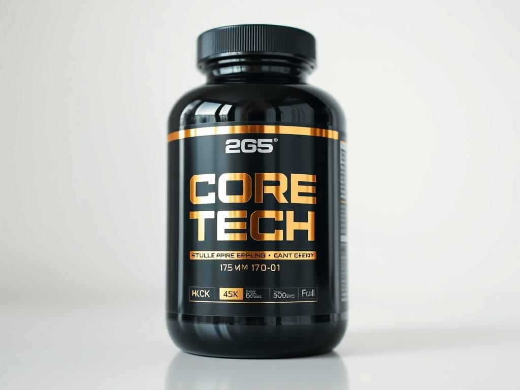 A hyper-realistic, close-up shot of a sleek black bottle of Core Tech™ (17-0-1) against a simple white background. The bottle should feature a chrome-gold label with the product name and a visually appealing design. The focus should be on the bottle, showcasing its details and the shiny label, with soft natural lighting to emphasize its luxurious appearance.