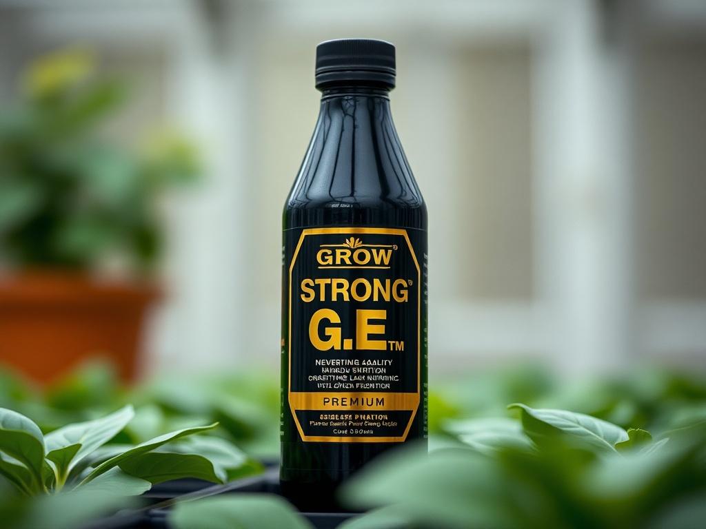 A close-up shot of a sleek black bottle of Grow Strong Premium G.E.™, featuring a chrome-gold label with the product name prominently displayed. The background is a simple, blurred garden setting that conveys freshness and vitality. The bottle should be the only subject in the image, capturing the essence of high-quality plant nutrition, with a focus on realism and vibrant colors.