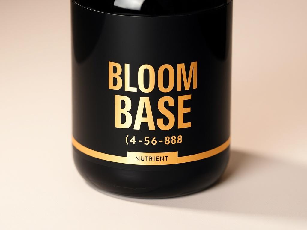 A hyper-realistic close-up shot of a bottle of Bloom Base™ (4-57-88) on a clean, simple background. The bottle is black with a chrome-gold label, showcasing the product name and nutrient ratio clearly. The focus is on the bottle, emphasizing the quality and premium nature of the product. The lighting highlights the sleek design of the bottle, creating a striking visual that draws attention to its luxurious branding.