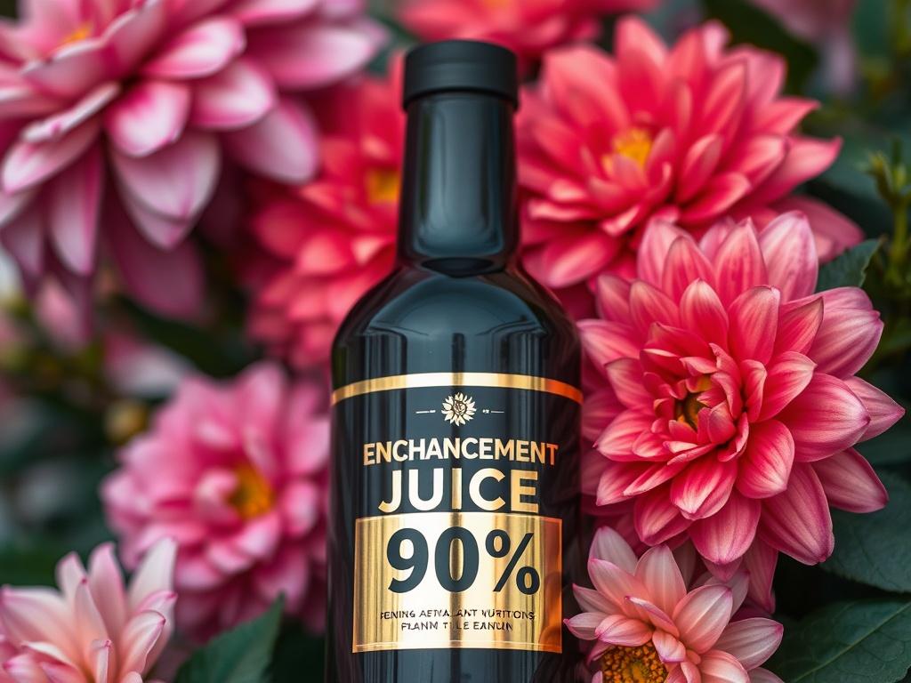 A close-up shot of a luxurious black bottle labeled 'Enhancement Juice 90%™' with a chrome-gold label. The bottle sits elegantly against a soft-focus background of vibrant, blooming flowers, showcasing the rich colors and fullness of the blooms. The image captures the essence of high-quality plant nutrition, highlighting the product's premium nature and effectiveness.